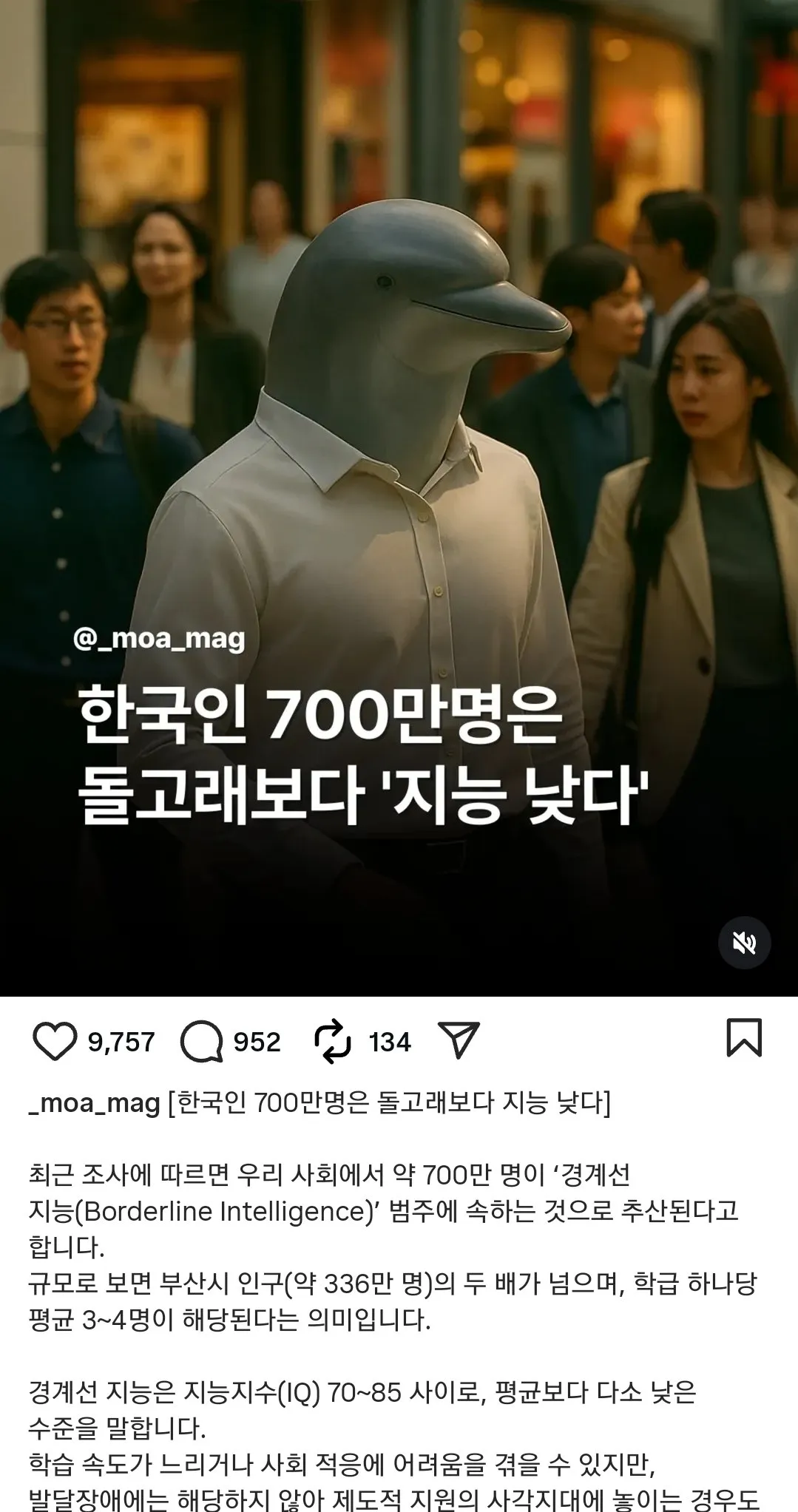 헐) 한국인 700만 명은 돌고래보다 지능이 낮다