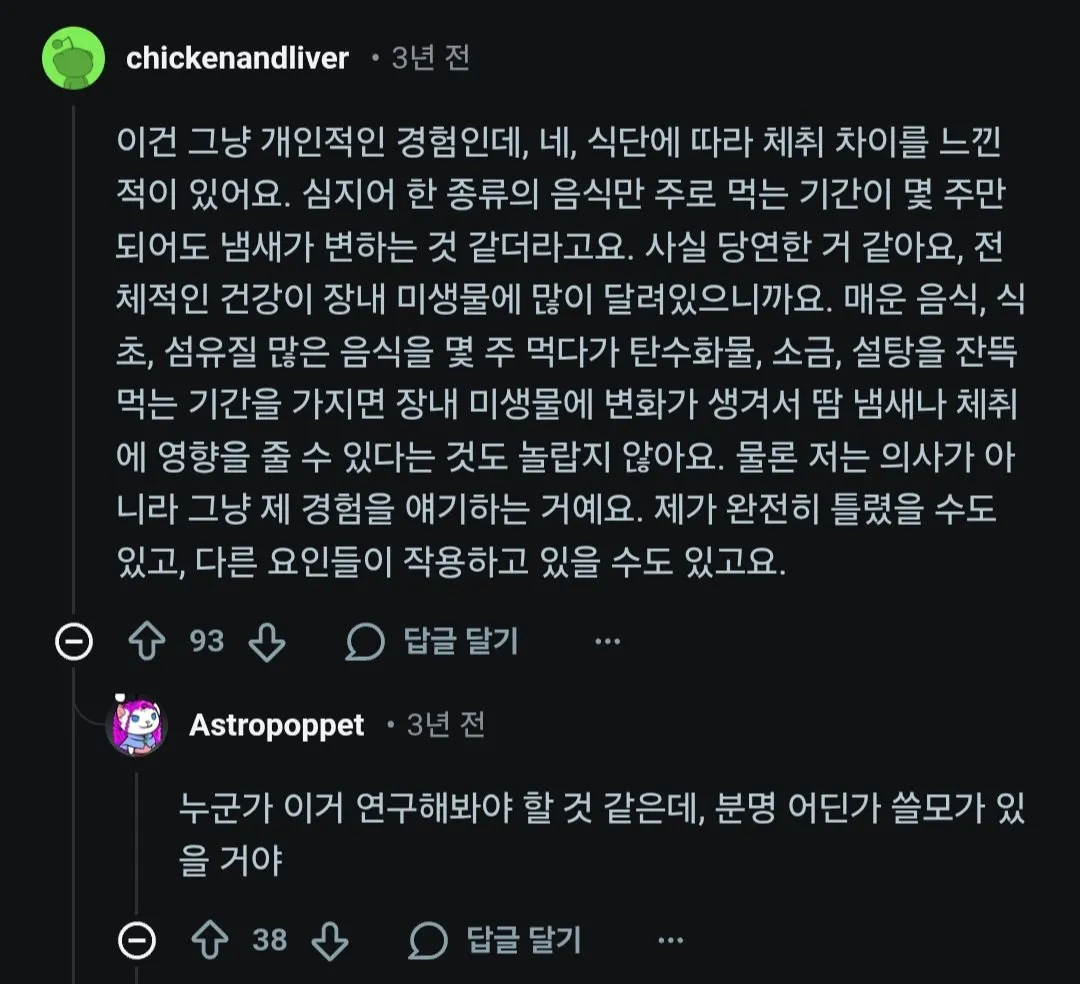 외국에 살면서 몸에서 냄새가 나기 시작했다는 사람