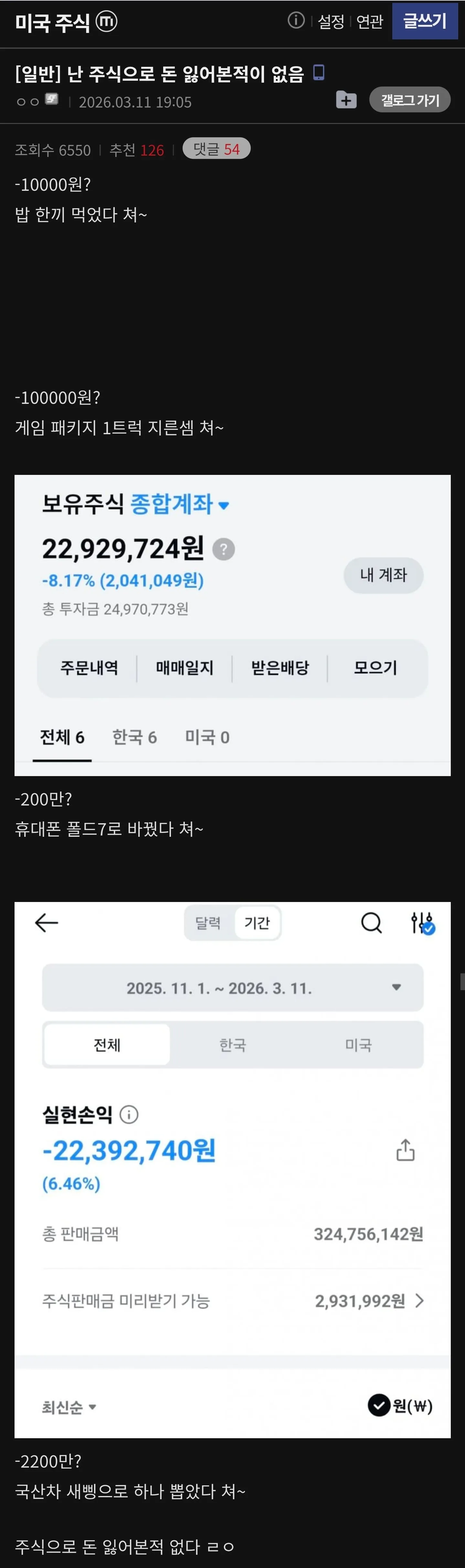 주식으로 돈을 잃어본 적 없다는 미주갤 유저