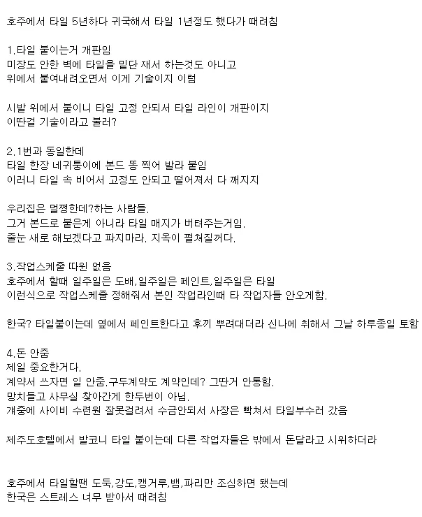호주에서 타일 5년하다 귀국하고 한국에서 타일 1년 하다가 때려침