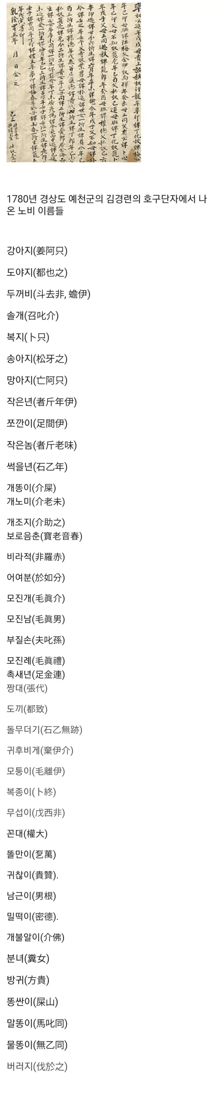 조선시대 노비 이름