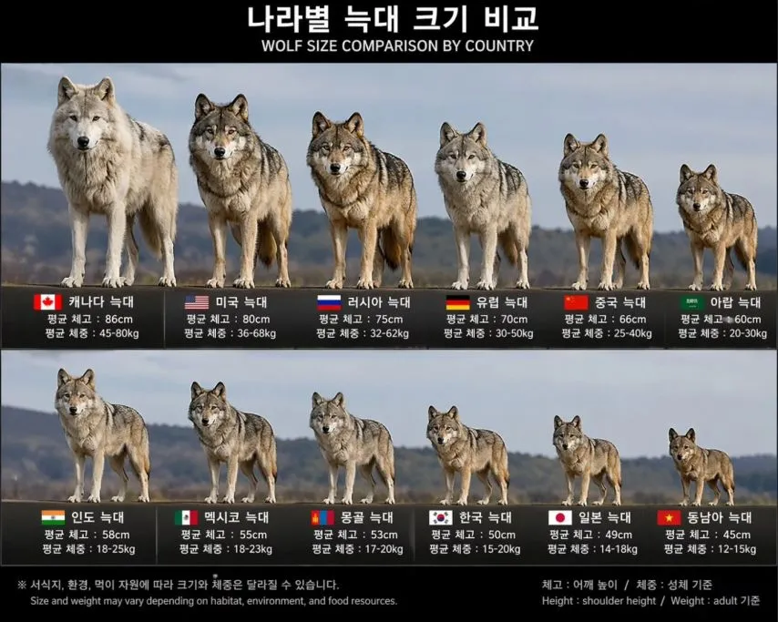 나라별 늑대 크기.