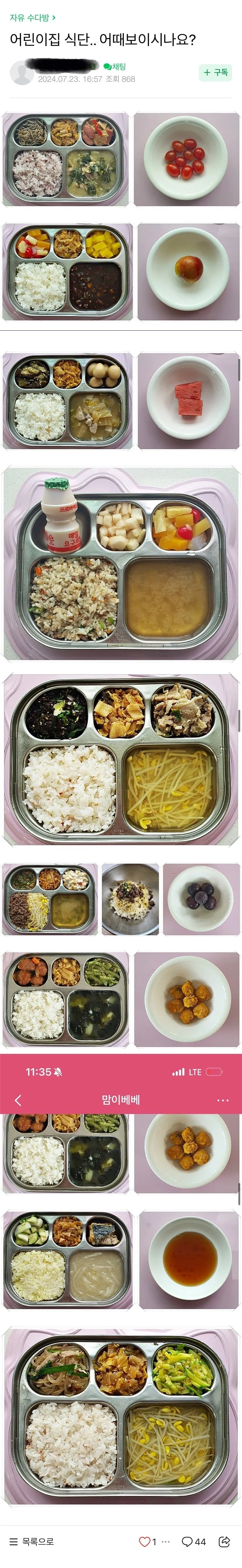 어린이집 식단이 마음에 안들었던 맘카페 회원
