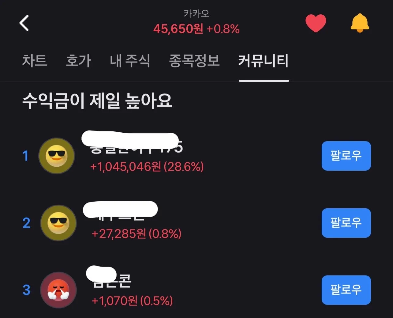 토스증권-카카오 수익금 TOP3