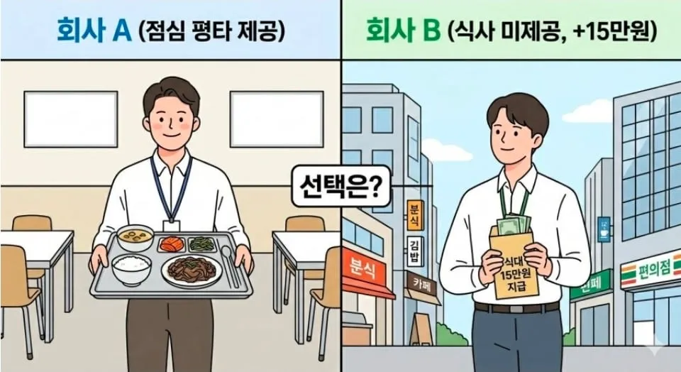 점심 평타로 주는 회사 vs 밥 안 주고 15 만 원 주는 회사