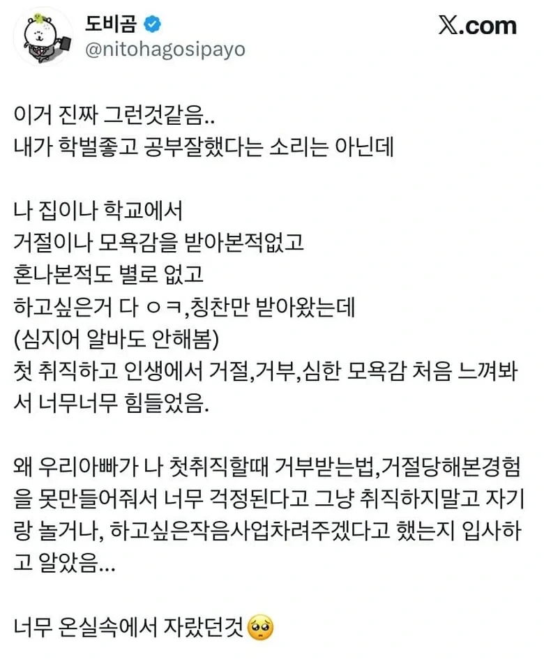 온실 속에서 자란 사람이 첫 직장 들어가서 겪는 감정.txt
