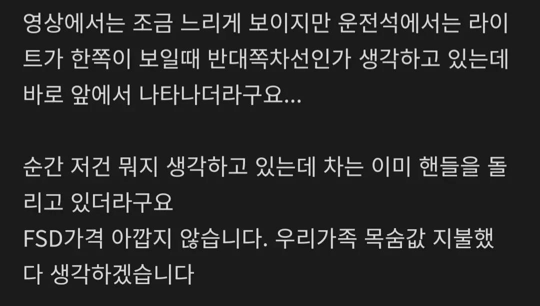 FSD가 우리 가족 목숨을 살렸습니다