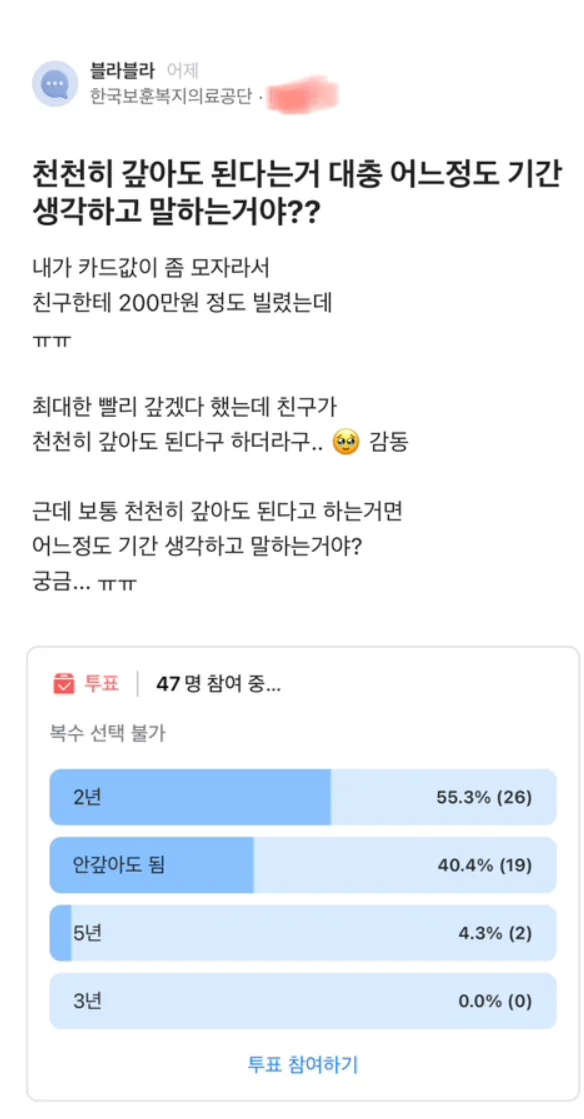 천천히 갚아도 된다는거 대충 어느 정도 기간 생각하고 말하는 거야??