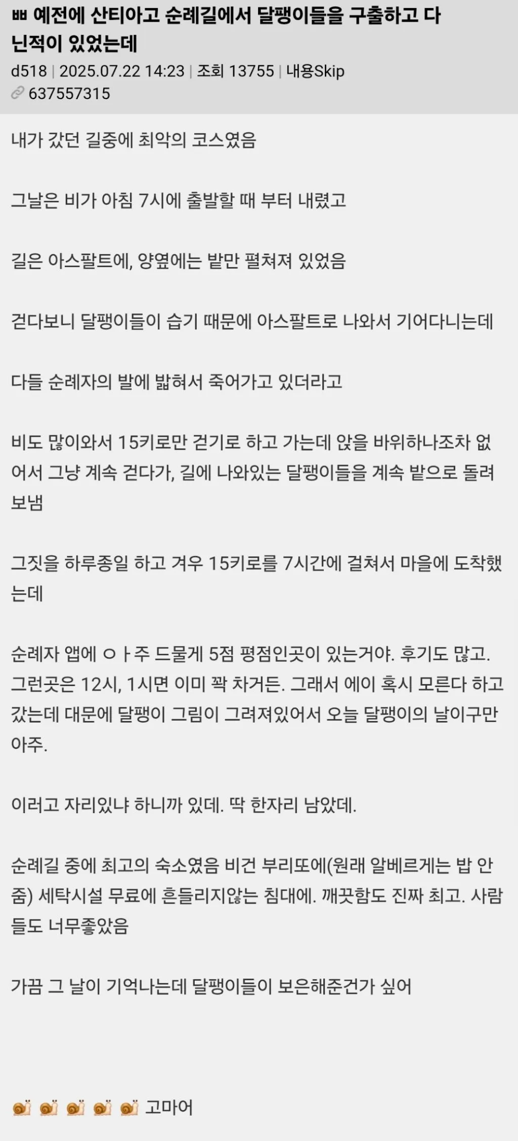 산티아고 순례길에서 받은 달팽이의 보은