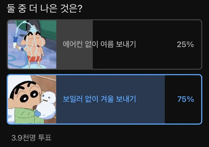 에어컨 없이 여름 보내기 vs 보일러 없이 겨울 보내기 투표 결과