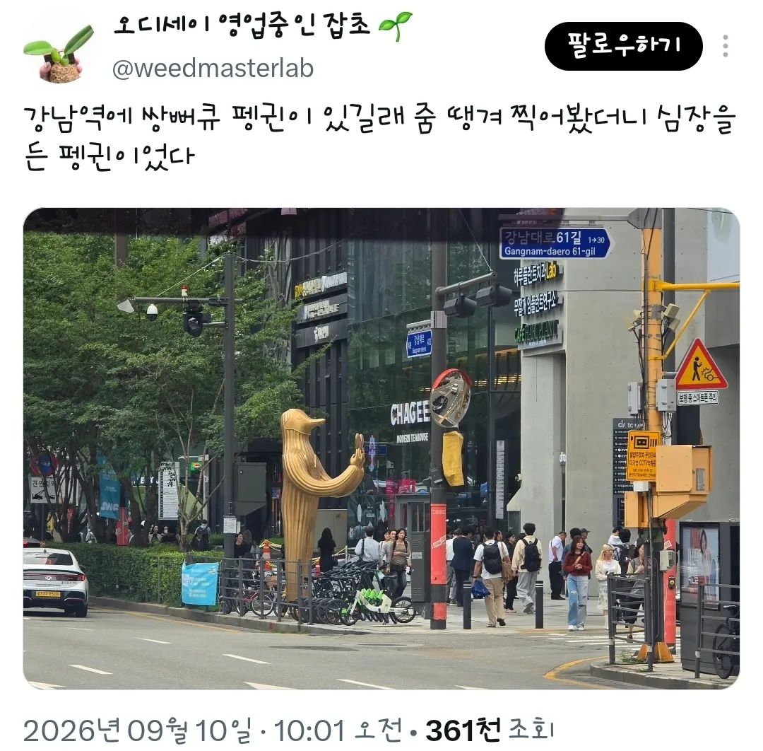 강남역에 쌍뻐큐 펭귄이 있길래 줌 땡겨 찍어봤더니