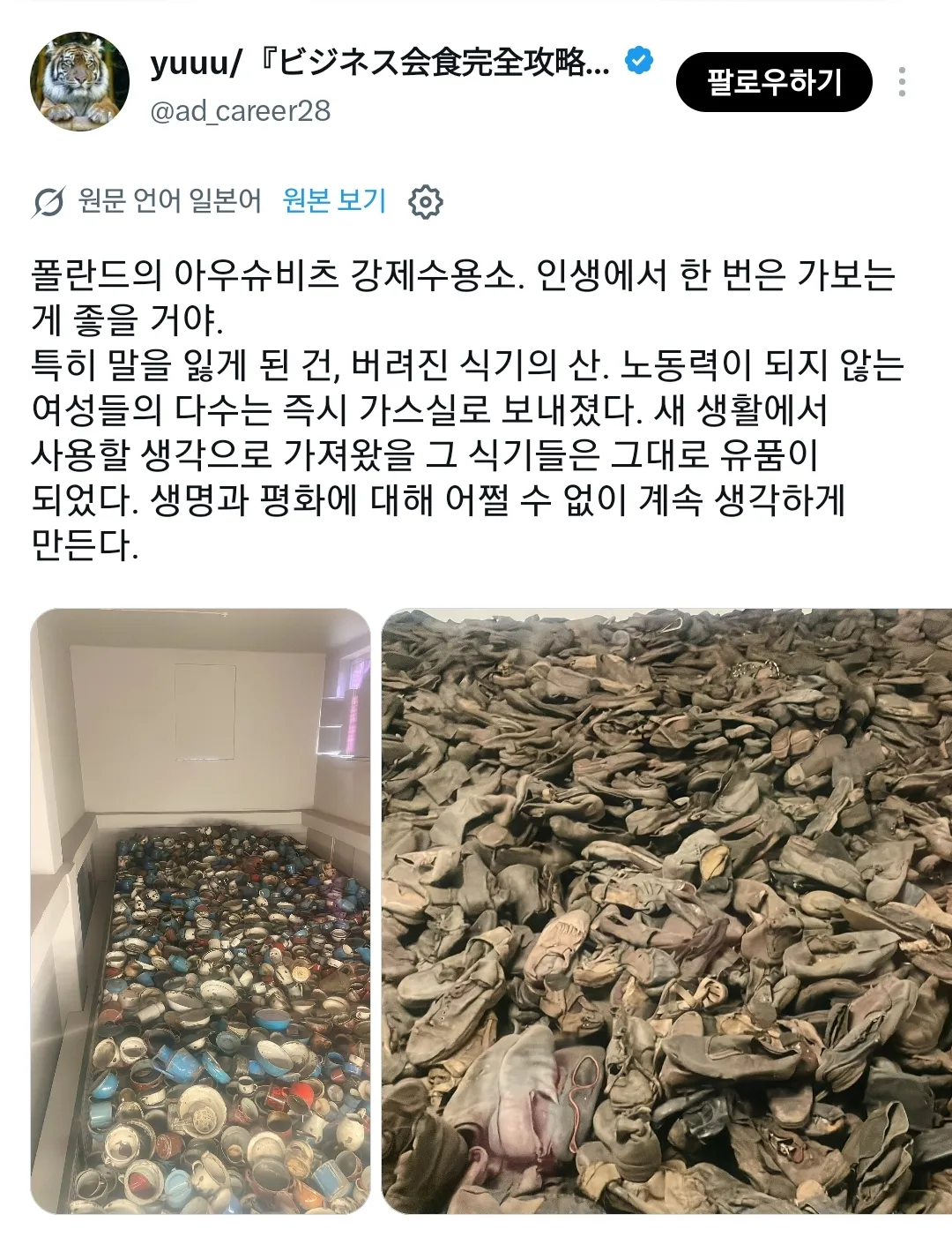 ​아우슈비츠 다녀와서 감상글 올렸다가 한국인들한테 비판받고 있는 일본인.twt