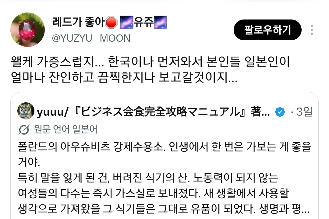 ​아우슈비츠 다녀와서 감상글 올렸다가 한국인들한테 비판받고 있는 일본인.twt