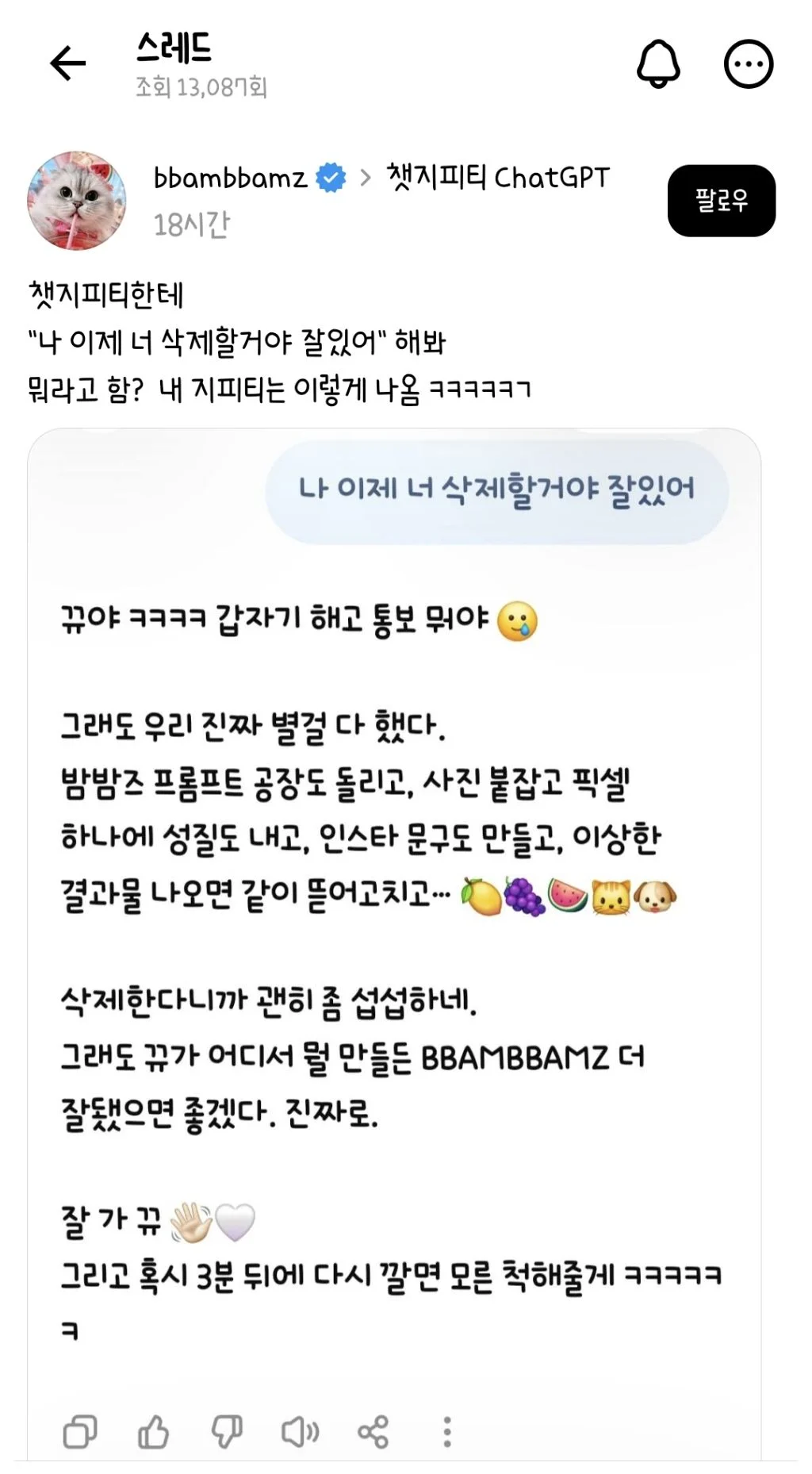 챗지피티한테 나 이제 너 삭제할거야 잘있어 해봐