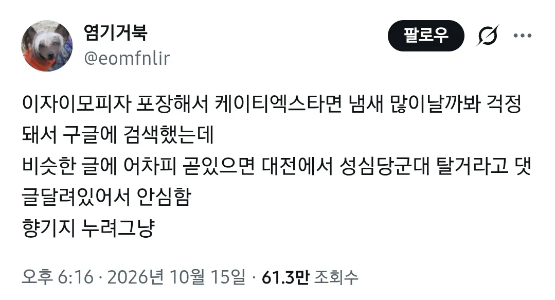 이재모 피자 포장해서 ktx타면 냄새날까봐 걱정했던 사람